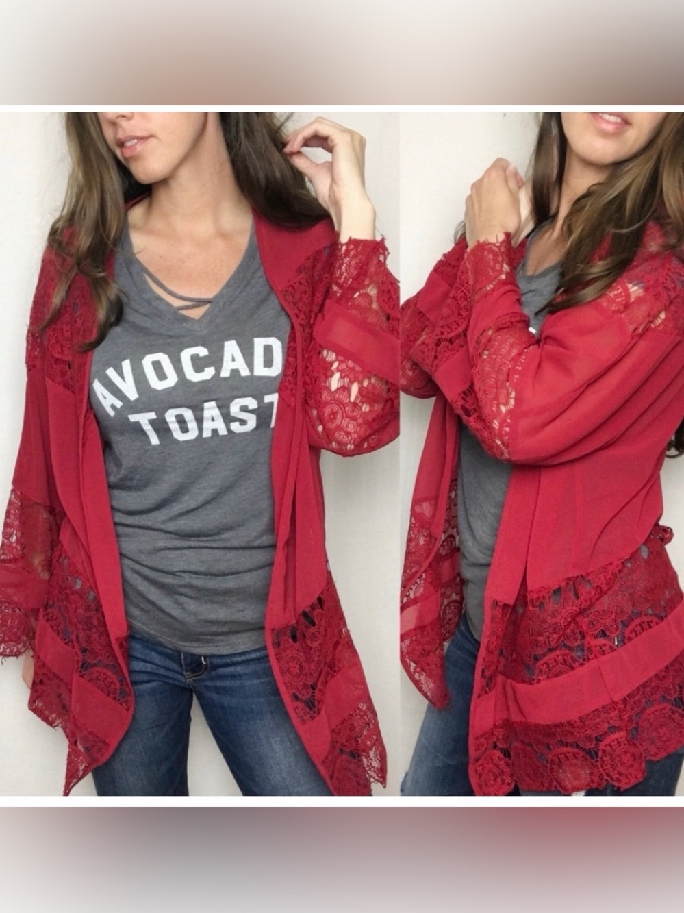 Red Lace Trim Open-Front Women's sheer Cardigan Kimono Double Zero S-M